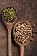 Assortment of Legumes - mung, chickpeas and different beans. Top view.