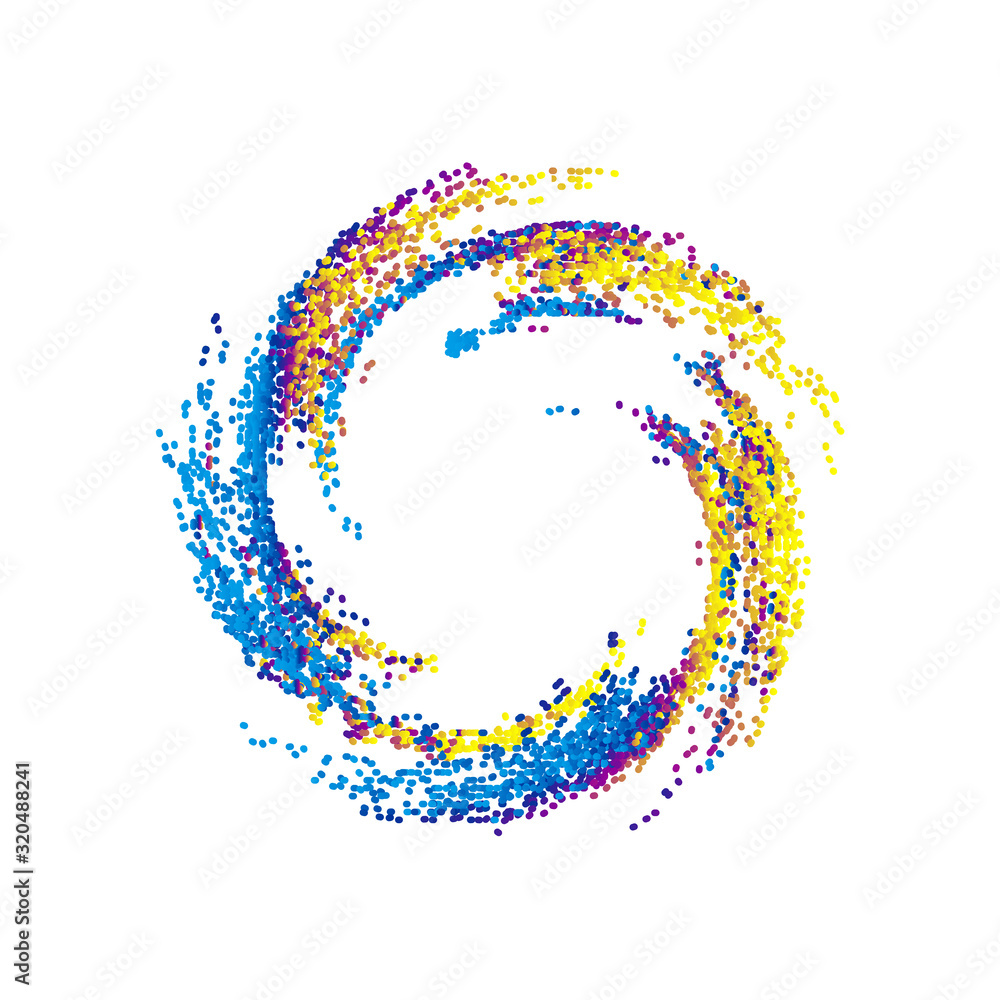 Poster colorful dynamic polka dot particles forming a splash swirl pattern
