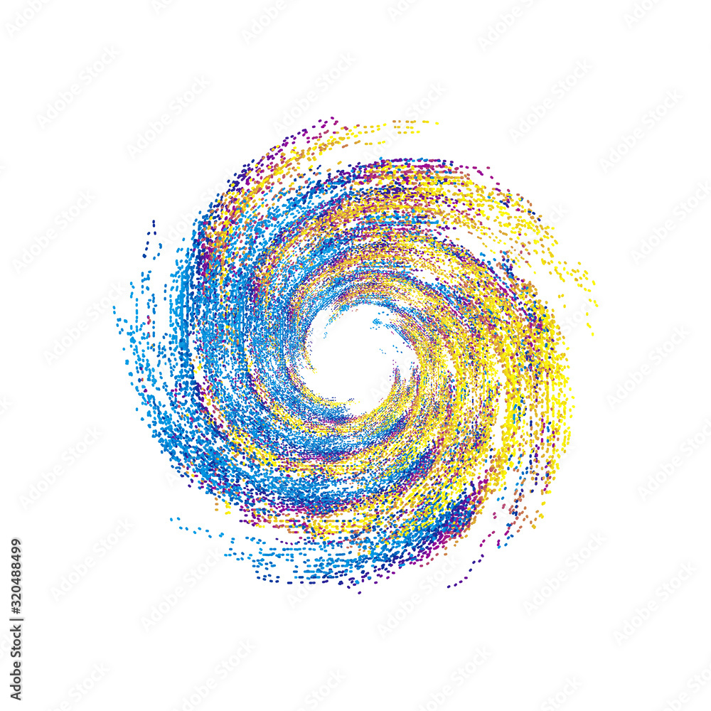 Poster colorful dynamic polka dot particles forming a splash swirl pattern
