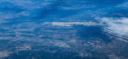 Air view from up high of the Sainte-Victoire mountain and Aix en Provence region