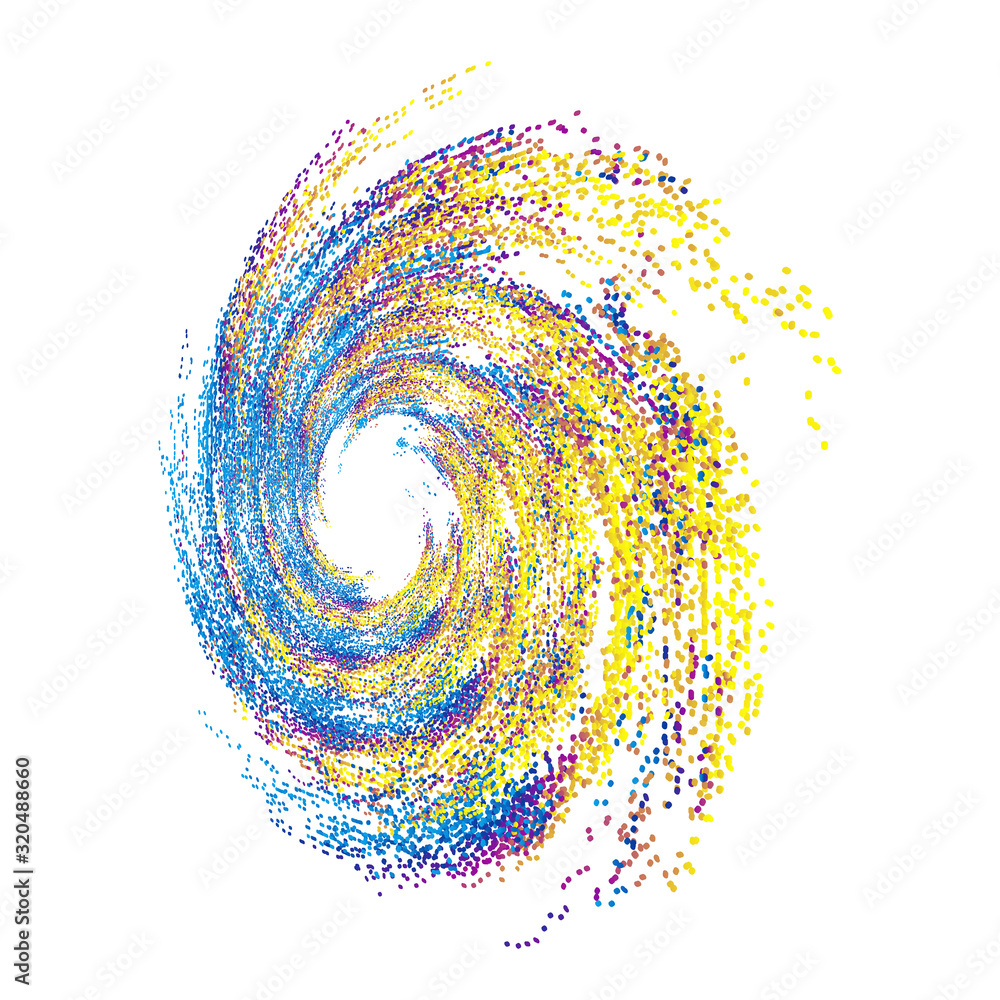 Poster colorful dynamic polka dot particles forming a splash swirl pattern