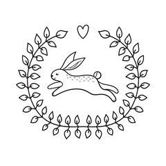 Easter bunny.Spring Doodle vector illustration.Isolate on a white background.happy Easter.Frame of twigs. Cute hand-drawn holiday illustration