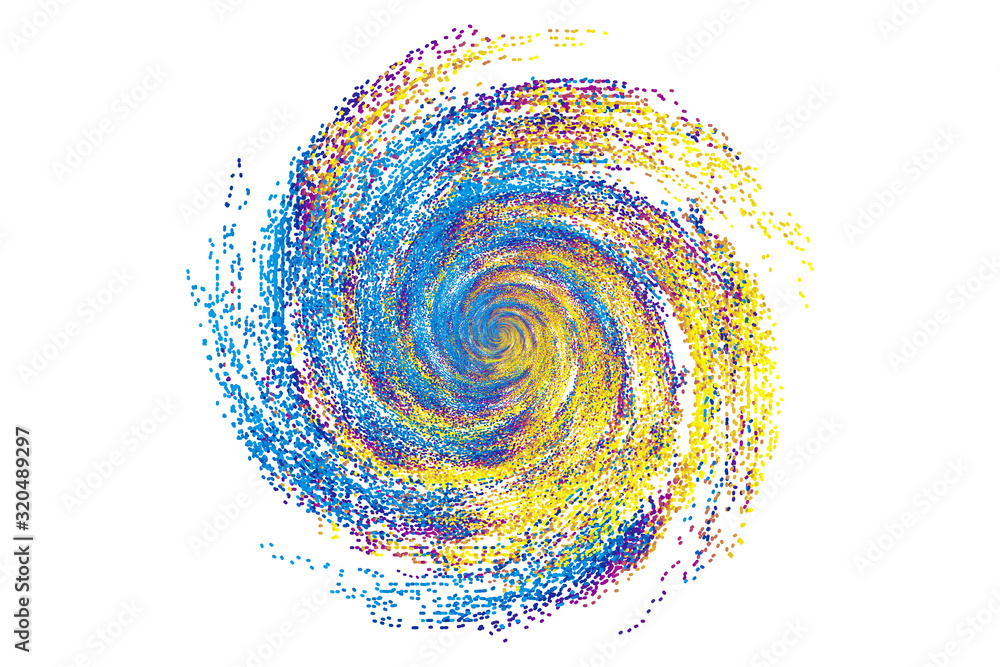 Poster colorful dynamic polka dot particles forming a splash swirl pattern
