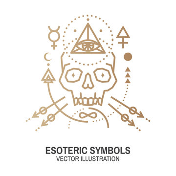 Esoteric symbols. Vector. Thin line geometric badge. Outline icon for alchemy or sacred geometry. Mystic and magic design with skull and alchemy symbols.