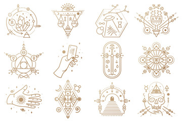 Esoteric symbols. Vector. Thin line geometric badge. Outline icon for alchemy, sacred geometry. Mystic and magic design with crystals, sun, ufo flying, stars, gate to another world and moon.