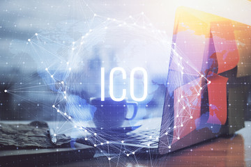 Double exposure of blockchain theme hologram and table with computer background. Concept of bitcoin...