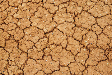 Nature background of cracked dry lands. Natural texture of soil with cracks. Broken clay surface of barren dryland wasteland close-up. Full frame to terrain with arid climate. Lifeless desert on earth