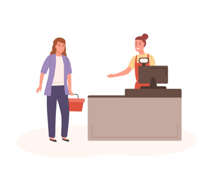 Woman shopper with basket and seller at checkout vector flat illustration