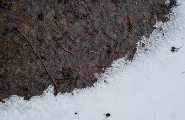 Strukturen am Erdboden bei Schneetauwetter mit den schmelzenden Eiskristallen uns Laub im Wasser