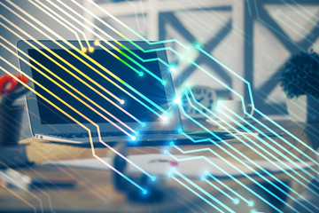 Technology theme drawing and work space with computer. Double exposure. Concept of innovation.