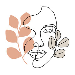 Trendy abstract one line woman face with leaves and pastel shapes. Continuous line print for textile, poster, card, t-shirt etc. Vector fashion illustration.