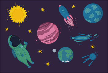 Outer space adventures: astronaut, flying rocket, sputnik, comet, Sun, stars, Saturn, Earth and other planets. Vector illustration in cute cartoon style