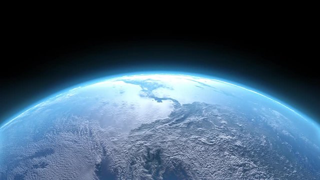 Earth from space. Camera moving over the beautiful planet Earth. Realistic shining atmosphere and Earth surface reflecting the bright sun.