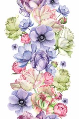 watercolor background pattern with tulip, bud, anemone, rose