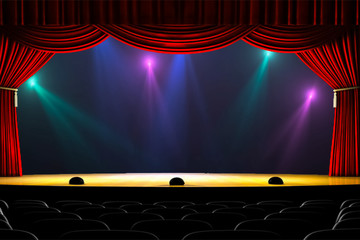 Theatre curtain and lighting on stage. Illustration of the curta