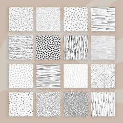 Set of Abstract Samless Patterns of doodles, lines, memphis elements. Simple abstract pattern background collection for interrior, textile design, paper craft. Geometric seamless set