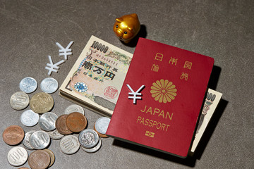 Japanese passport, coins and currency symbol