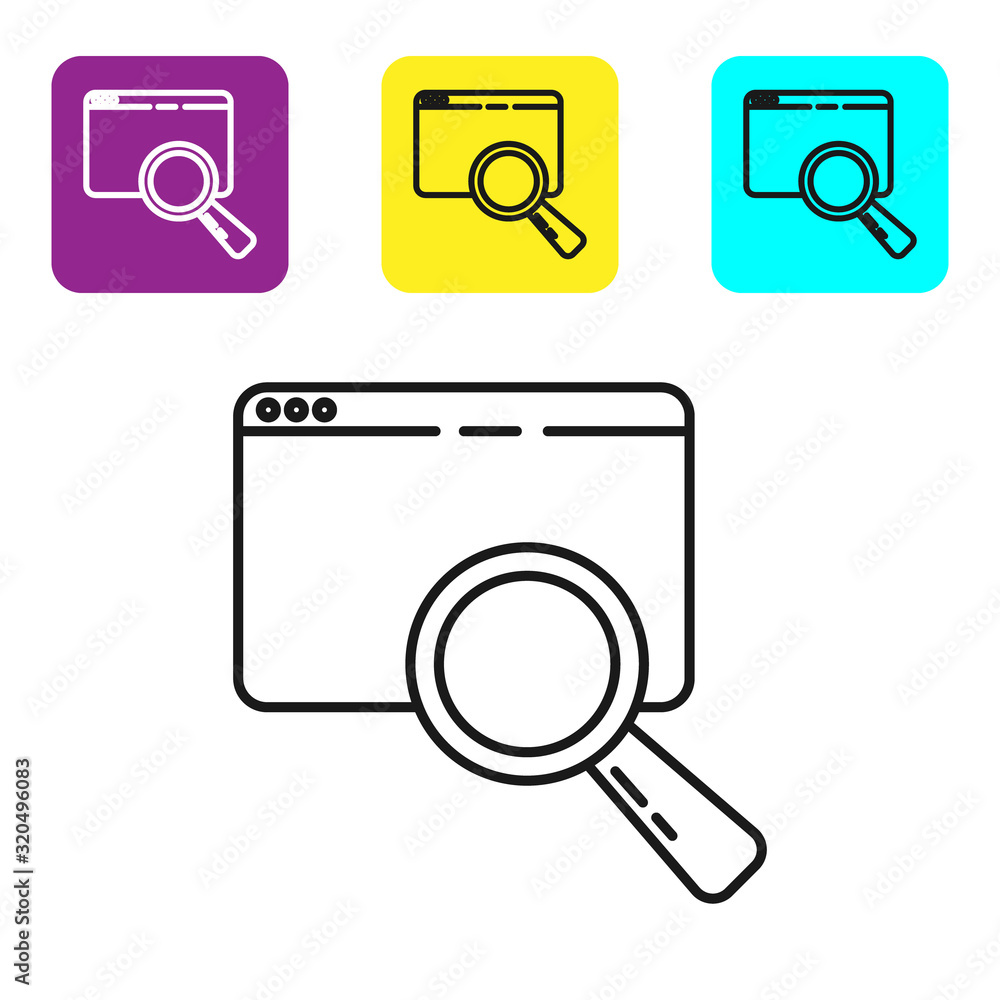 Poster black line search in a browser window icon isolated on white background. set icons colorful square b