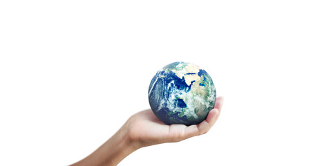 Globe ,earth in human hand, holding our planet glowing