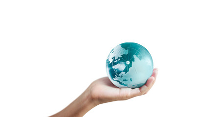 Globe ,earth in human hand, holding our planet glowing