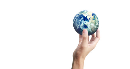 Globe ,earth in human hand, holding our planet glowing