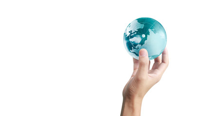 Globe ,earth in human hand, holding our planet glowing