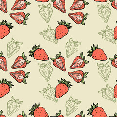 Strawberries seamless pattern with colorful and outline objects on beige background hand drawn vector illustration, healthy organic food design.