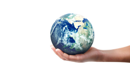 Globe ,earth in human hand, holding our planet glowing