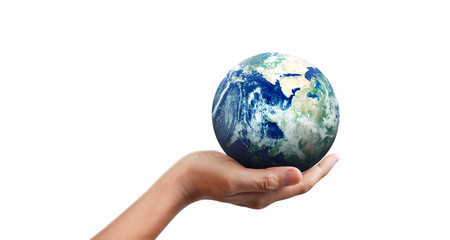 Globe ,earth in human hand, holding our planet glowing