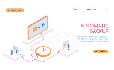 Modern isometric 3d vector automatic backup with workers and time illustration.