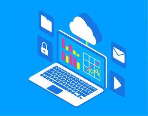 Modern isometric vector business application, business account with laptop illustration.