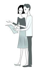 Man and woman with paper in hand. Vector illustration.