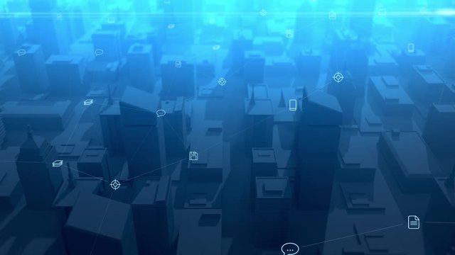 Digital city with floating business stroke icons. View from over the city. Concept of technology, cyberspace, connectivity and worldwide network. Artificial intelligence AI, 4K 3D Render Animation