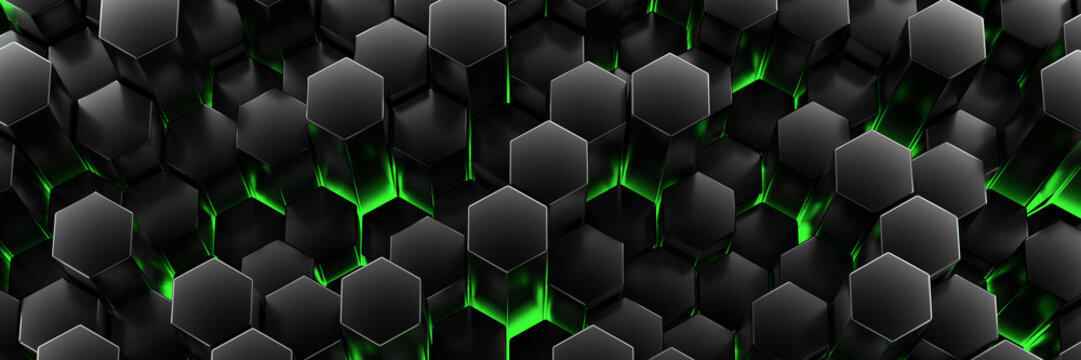 Black background wall of honeycombs. Chaotic Cubes Wall Background. Panorama with high resolution wallpaper. 3d Render Illustration