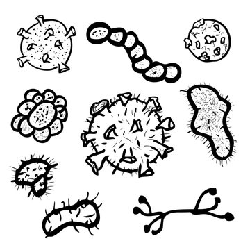 Vector, Hand Draw Sketch, Black Outline Various Shape of Virus Spora, Worm and Bacterial, Isolated on White