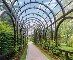 Wooden arched pergola in summer park