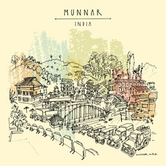 Munnar, Kerala, South India. Panoramic view of the town center. Houses, cars, church and bridge. Artistic hand drawing. Asian travel sketch. Vintage hand drawn postcard