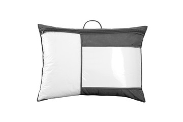 Soft pillow in the grey plastic retail bag with empty label against white. Pillow in the package bag isolated. Bedspread packed in to the PVC bag. Front side.