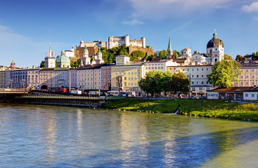 Panoramic view of Salzburg skyline with Festung Hohensalzburg and river Salzach, Salzburger Land,...