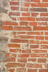 Background of red brick wall with boulders, copy space, retro brickwork texture
