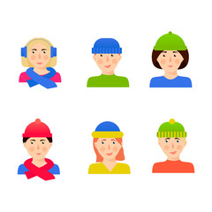 Cartoon vector character in the hats and scarps. Cute winter user pics  for web. People flat icons avatar.