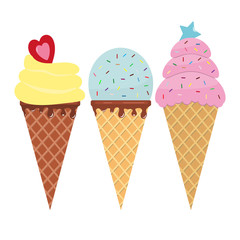 Set of colorful tasty isolated ice cream cones. Cute cartoons isolated on white background. Cold dessert and sweet summer snack. Funny whipped ice cream for refreshment. Concept kids food. Vector.