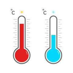 Thermometer with scale measuring heat and cold, with sun and snowflake icons. Meteorological thermometers on a white background. Blue and red thermometers. Summer and winter. Thermostat icon. Vector.