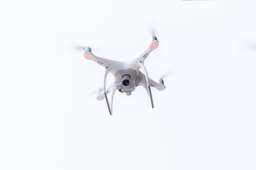 Air Drone Dron Flying with action camera. Isolated on White Background