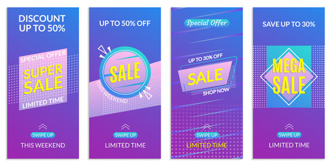 Stories Sale banner design templates. Discount Frames for Smartphone story. Social Media layout with Swipe Up button. Special offer and Price off coupon. Vector illustration.