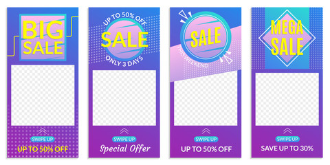 Stories Sale banner design templates. Discount Frames for Smartphone story. Social Media layout with Swipe Up button. Special offer and Price off coupon. Vector illustration.
