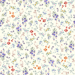 Seamless pattern for calico fabric with small flowers, branches, and bushes painted with watercolor thin brush.