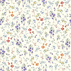 Wallpaper murals Small flowers Seamless pattern for calico fabric with small flowers, branches, and bushes painted with watercolor thin brush.