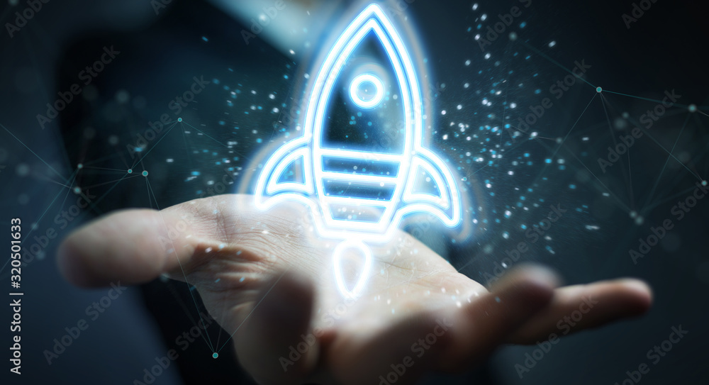 Poster Man using startup digital neon interface 3D rendering