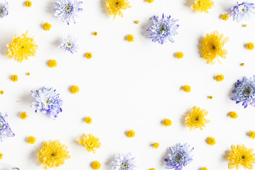 Flowers composition. Frame made of chrysanthemum flowers on white background. Flat lay, top view